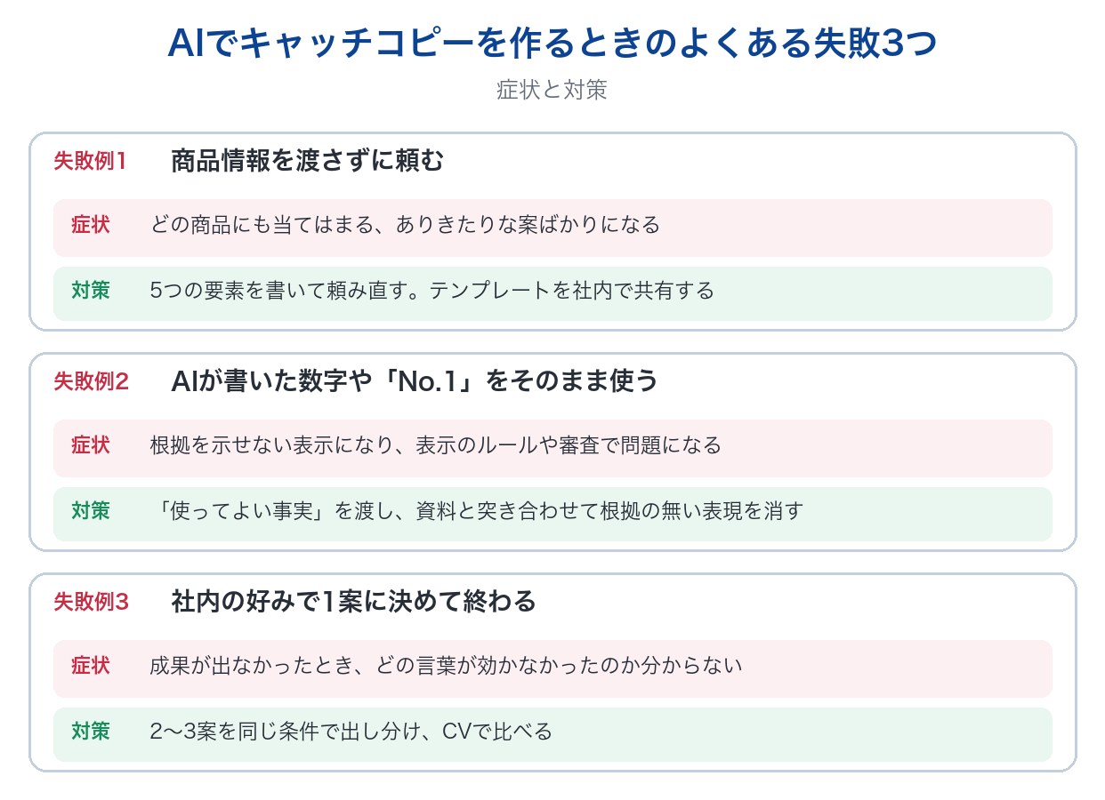 AIでキャッチコピーを作るときのよくある失敗3つの図。商品情報を渡さずに頼む、AIが書いた数字やNo.1をそのまま使う、社内の好みで1案に決めて終わる、それぞれの症状と対策