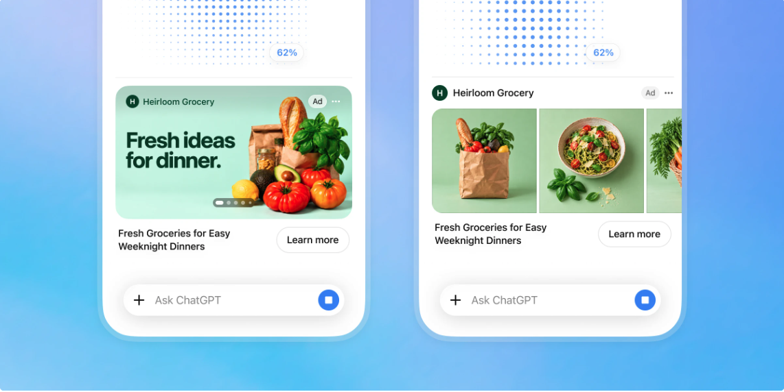 ChatGPTで画像を生成している最中に、商品画像と「Learn more」ボタンを含むビジュアル広告が表示される2つの画面例
