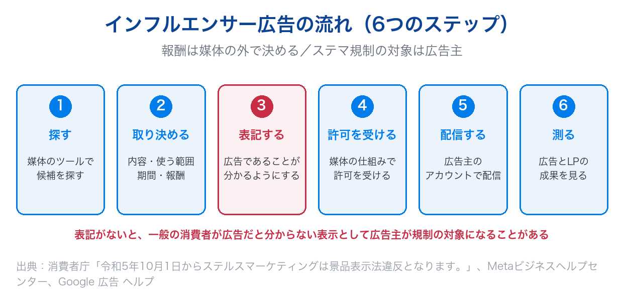 インフルエンサー広告の流れ。探す、取り決める、表記する、許可を受ける、配信する、測るの6つのステップ